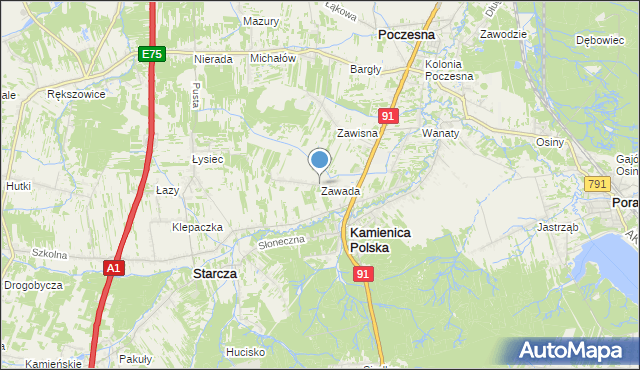 mapa Zawada, Zawada gmina Kamienica Polska na mapie Targeo
